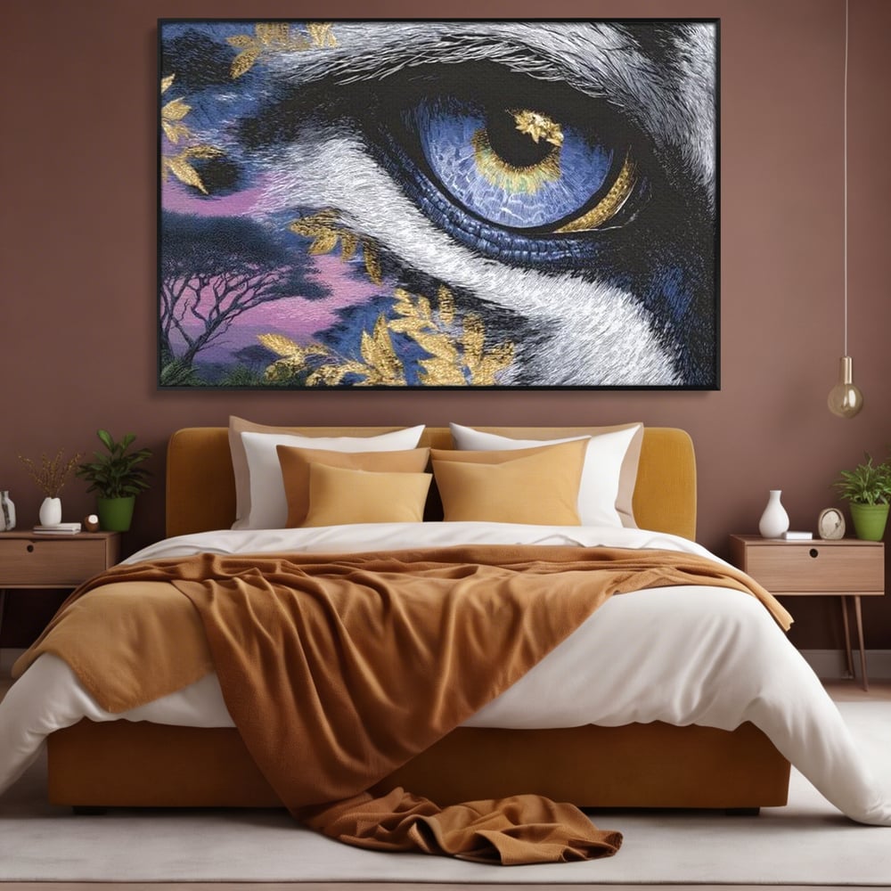 Tablou canvas cu tablou canvas cu ochi de felina, in rama de aluminiu negru, pe perete intr-un dormitor